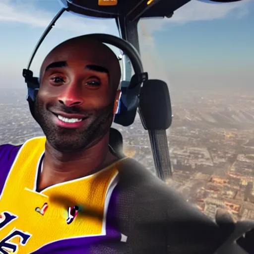 Image similar to selfie of kobe bryant in a helicopter, smoke around him, 8k resolution, hyper detailed, realistic face, shot in the air