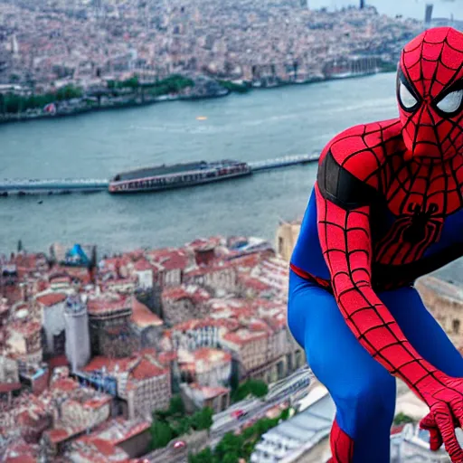 Image similar to Spider-man on top of the Galata Tower in Istanbul, photorealistic, 4K, 200mm lens