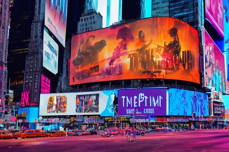 Prompt: a billboard on times square, screen show concert poster, band name is tripmachine, realistic digital art, on the screen is a 3 d render of a huge futuristic steampunk generator, 8 k, fluorescent colors, halluzinogenic, multicolored, exaggerated detailed, unreal engine, 8 0 mm