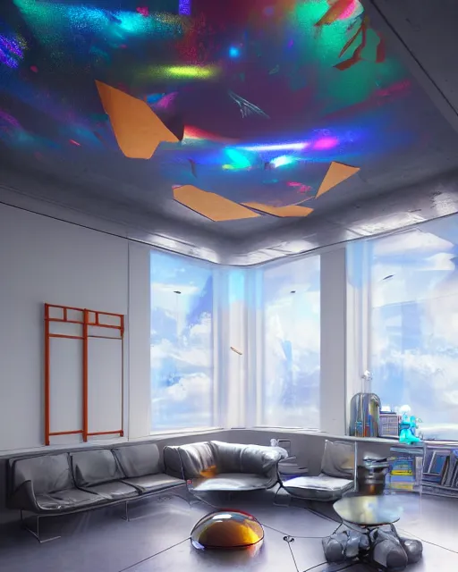 Image similar to artstation scifi scene of a safe room as ikea ad, lounge furniture, sky mural on the room ceiling, holographic art walls, windows, large terrarium, paneled walls, unreal engine 5, hyper realism, realistic shading, cinematic composition, blender render, octane render, hdr, detailed textures, photorealistic, wide shot