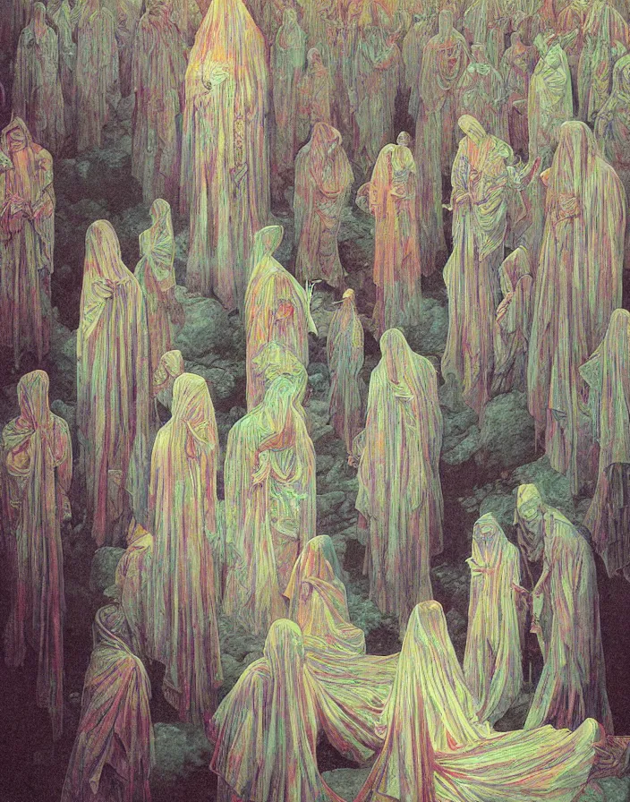 Image similar to worshippers in robes belonging to the cult of the crystal light gather inside a sma room around the big glowing crystal, big glowing crystal radiating white light, interior, high detailed beksinski painting, part by adrian ghenie and gerhard richter. art by takato yamamoto. masterpiece, deep colours