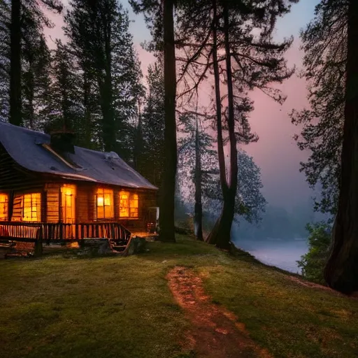 Image similar to small wooden cottage in the forest at night, smoke coming out of the chimney, night, dark, nocturnal, redwood trees, peaceful, river running past the cottage, a wooden rowing boat, galaxy in the night sky, by stephen king