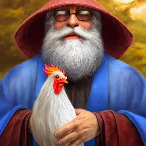 Image similar to a kind old wizard with a long white beard looking a confused, holding a pet chicken perched top of his hat, wearing a blue robe, realistic, detailed, trending on ArtStation, by Tony Sart