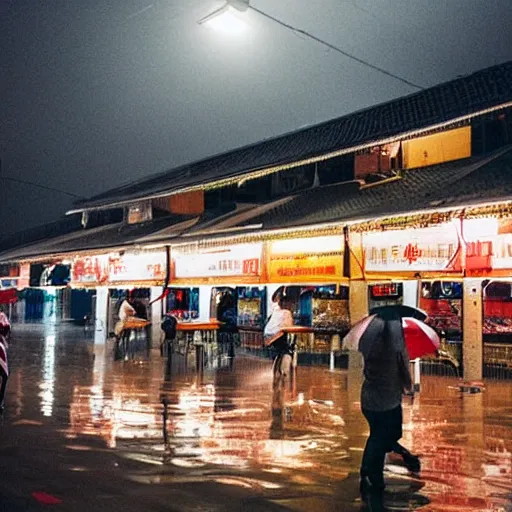 Image similar to A rainy night outside a Singaporean hawker centre, award-winning photography, cinematic lighting