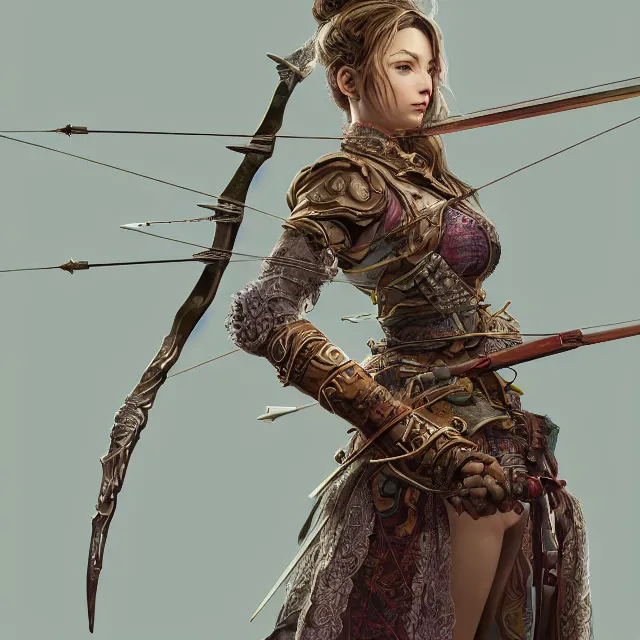 Image similar to the portrait of lawful neutral semi - colorful female archer huntress as absurdly beautiful, gorgeous, elegant, young woman, an ultrafine hyperdetailed illustration by kim jung gi, irakli nadar, intricate linework, bright colors, octopath traveler, final fantasy, unreal engine 5 highly rendered, global illumination, radiant light, detailed and intricate environment