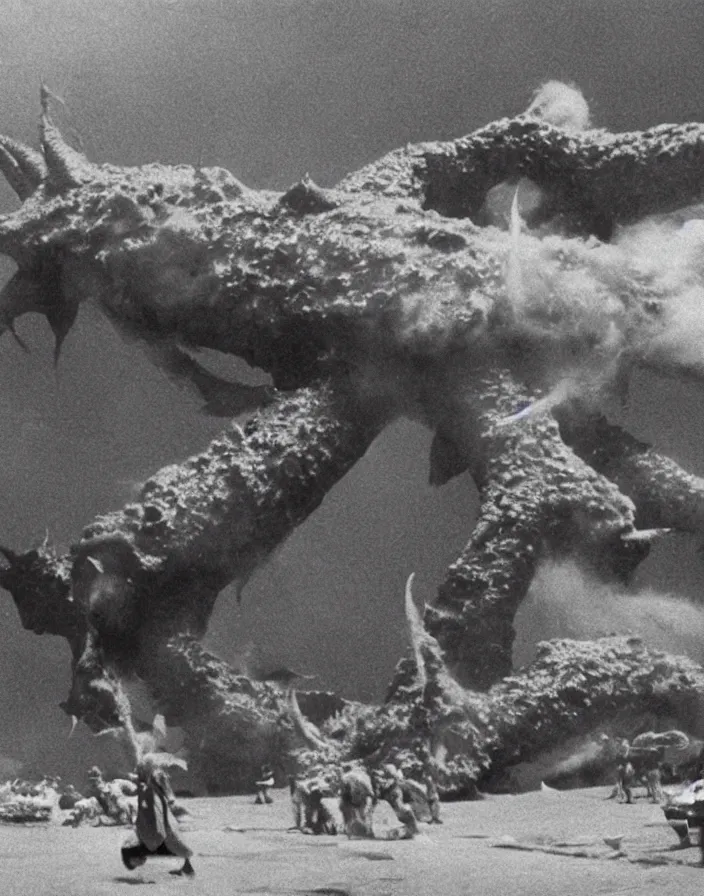 Image similar to a filmstill of a north korean monster movie, kaiju - eiga monster starfish - like trampling a traditional korean palace, foggy, film noir, epic battle, etheral, explosions, communist starfish, thriller, by akira kurosawa and wes anderson video compression