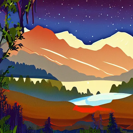 Image similar to a beautiful landscape, rivers and mountains, illustration, digital art by laura price