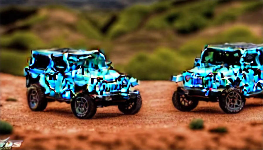 Image similar to Hot Wheels, Jeep Wrangler JKU, cinematic, Maxxis, 8k, depth of field, bokeh.