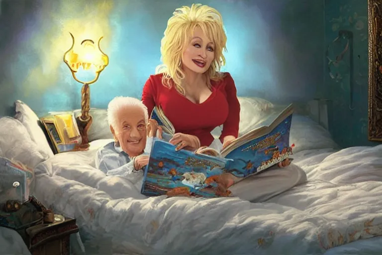 Image similar to portrait of dolly parton reading a bedtime story to bob barker in bed, an oil painting by ross tran and thomas kincade