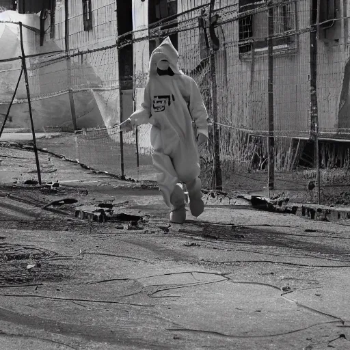 Prompt: a photo of a boy wearing a hazmat suit with a clear glass backpack containing small plant, walking away from the camera, smoke in the background, filthy streets, broken cars. Vines growing. Jpeg artifacts. Full-color photo. Color color color color color. Award-winning photo. OM system 12–40mm PRO II 40mm, 1/100 sec, f/2 8, ISO 800