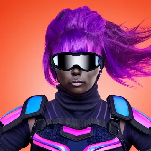 Image similar to a award winning action upper body portrait of a beautiful woman with a ombre purple pink hairstyle with head in motion and hair flying while wearing futuristic navy blue bodyarmor and pauldrons, outrun, vaporware, highly detailed, fine detail, intricate