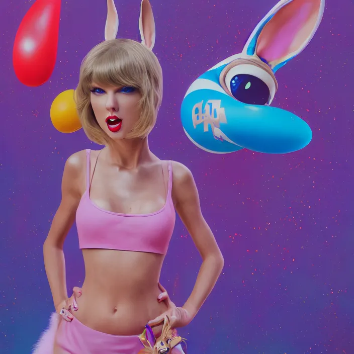 Image similar to portrait of Taylor Swift as Lola Bunny in Space Jam 1996. bunny ears. intricate abstract. intricate artwork. by Tooth Wu, wlop, beeple, dan mumford. octane render, trending on artstation, greg rutkowski very coherent symmetrical artwork. cinematic, hyper realism, high detail, octane render, 8k, iridescent accents