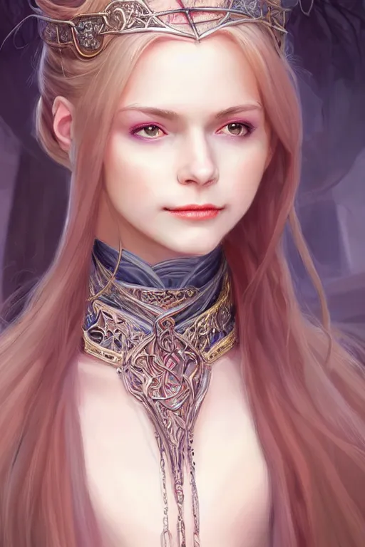 Prompt: portrait of a gorgeous young female wizard, looking at camera, D&D, choker on neck, stylish robe, mouth slightly open, cute slightly nerdy smile, very long flowing hair, intricate, elegant, stylish, fantasy, extremely detailed, digital painting, artstation, concept art, smooth, sharp focus, illustration, stunning lighting, art by artgerm and greg rutkowski and alphonse mucha and simon stalenhag