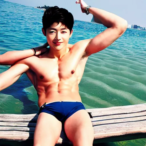 Image similar to song joong - ki portrait, young handsome asian male divers in speedo, kissing, muscle, studio photo