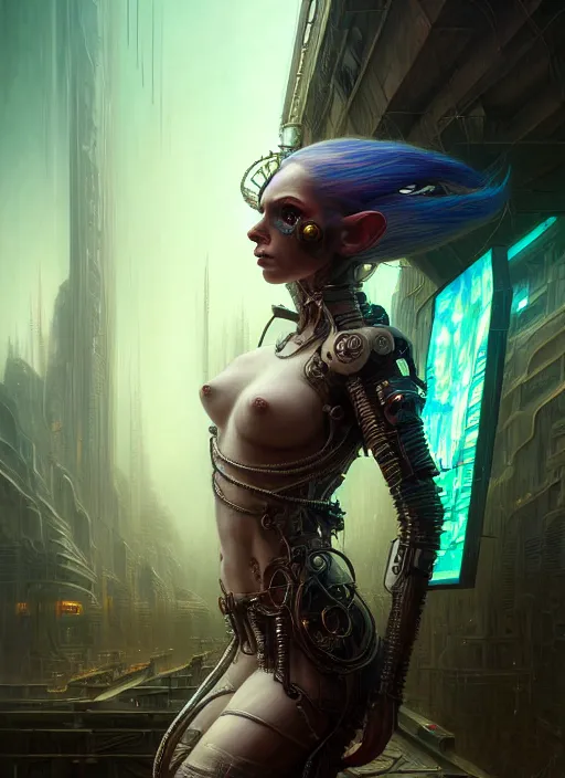 Image similar to portrait shot of a cyberpunk elf in a scenic dystopian environment, intricate, elegant, highly detailed, centered, digital painting, artstation, concept art, smooth, sharp focus, illustration, artgerm, tomasz alen kopera, peter mohrbacher, donato giancola, joseph christian leyendecker, wlop, boris vallejo