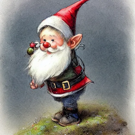 Image similar to a cute gnome wearing a santa outfit and backpack filled with coal + a mouse sits on the backpack + by jean baptiste monge