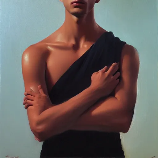 Image similar to oil painting by ilya kuvshinov, baugh casey, rhads, coby whitmore, of a persian - indian college student, fair olive skin, refined features, high cheekbones, handsome, curly black hair, outdoors, highly detailed, breathtaking face, studio photography, dawn, intense subsurface scattering, blush, supple look, innocence, intense sunlight