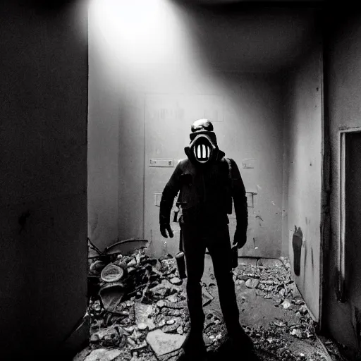 Prompt: A misterious man wearing a gas mask is standing on the midle of a stair hallway looking in the direction of the camera, the man is using a turned on flashlight to look for survivors :: Ruined city with vegetation growing from the distroyed buildings :: apocalyptic, shadowy, disolate :: A long shot, low angle, dramatic backlighting, simetric photography, night time, slighty colorful with blue, green and orange :: cinematic shot, very detailed