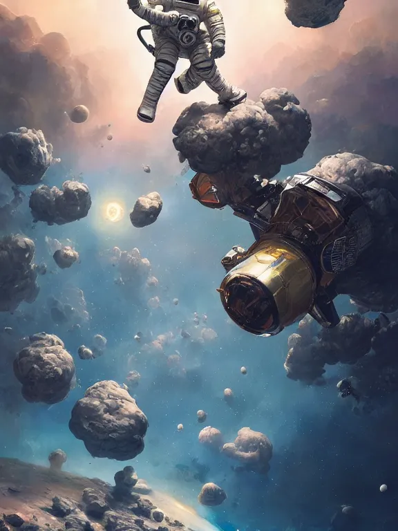 Image similar to photo of 8k ultra realistic astronaut riding an asteroids, nasa, clear sky, full of colour, cinematic lighting, battered, trending on artstation, 4k, hyperrealistic, focused, extreme details,unreal engine 5, cinematic, masterpiece, art by Peter Mohrbacher