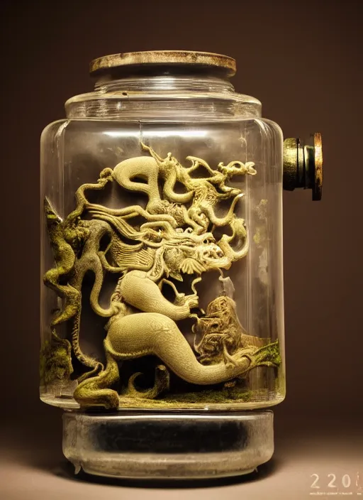 Prompt: enclosed ecosystem of ancient chinese myth lifeforms, animals, creatures, human, monster, delicious, vintage movie camera, in a jar, museum, frostbite 3 engine, portrait, 8 k post - processing, highly detailed