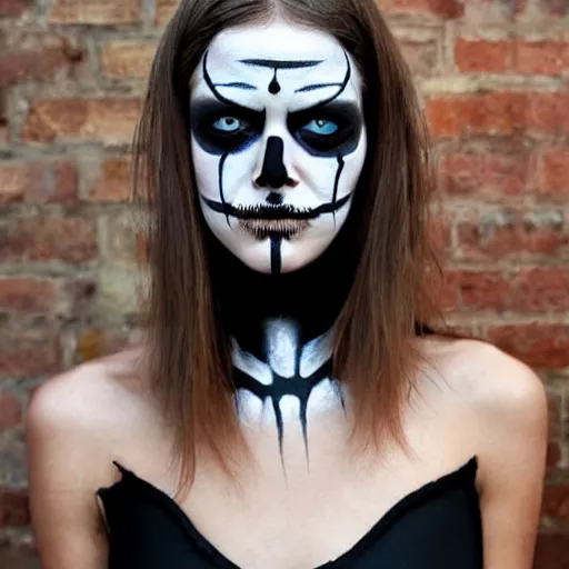 Image similar to <https://s.mj.run/itAxlxx5jkE> female Samara Weaving with skull face paint, symmetrical face, symmetrical body, Symmetrical eyes, perfect face, natural hands and arms, thin legs, holding a shotgun, in an action pose, in an alleyway during The Purge, symmetrical body, realistic body, night time dark with neon colors, fires, horror, Tom Bagshaw, Charlie Bowater, Rafael Albuquerque comic art