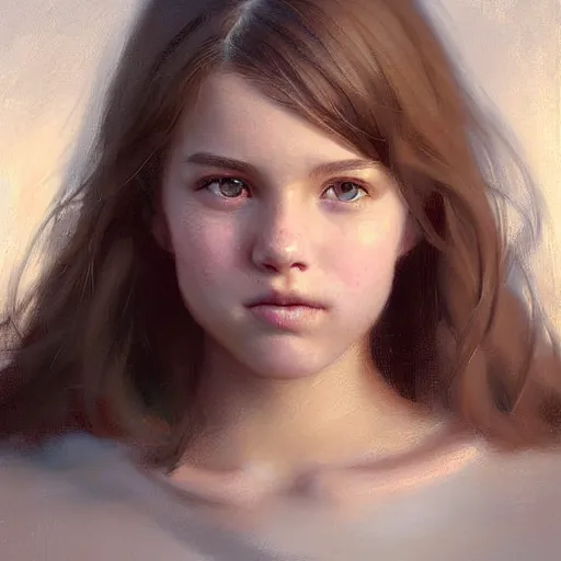 Image similar to Facial portrait of a pretty young cute girl, looking at the camera, slight awkward smile, lips slightly parted, no hands visible, extremely detailed painting by Greg Rutkowski and by Henry Justice Ford and by Steve Henderson