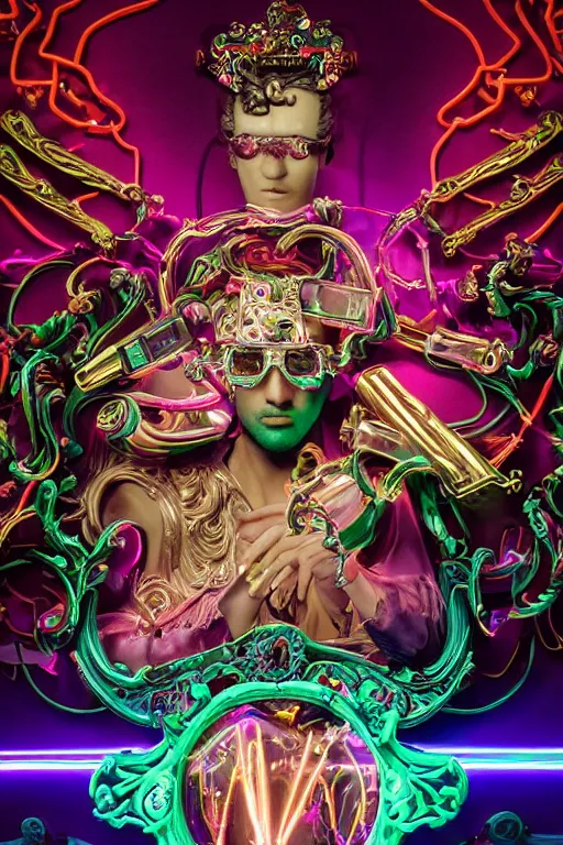 Image similar to full-body neon porcelain bladerunner and rococo style sculpture of a young handsome Cuban prince wearing cholo shades as a half android with a porcelain chest opening exposing circuitry and electric sparks, glowing laser beam eyes, crown of giant diamonds, flowing neon-colored silk, fabric, raptors. baroque elements. full-length view. baroque element. intricate artwork by caravaggio. many many birds birds on background. Trending on artstation, octane render, cinematic lighting from the right, hyper realism, octane render, 8k, depth of field, 3D