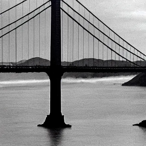 Prompt: 1 9 7 0 s, movie still frame, black and white, photorealistic highly detailed, 8 k, sit - com, body - horror, chtulhu emerges in san francisco bay, wires