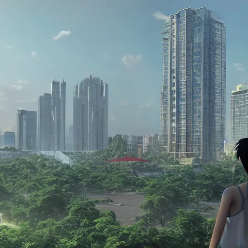 Image similar to realistic building, monster, shenzhen, wide landscape, eva, makoto shinkai