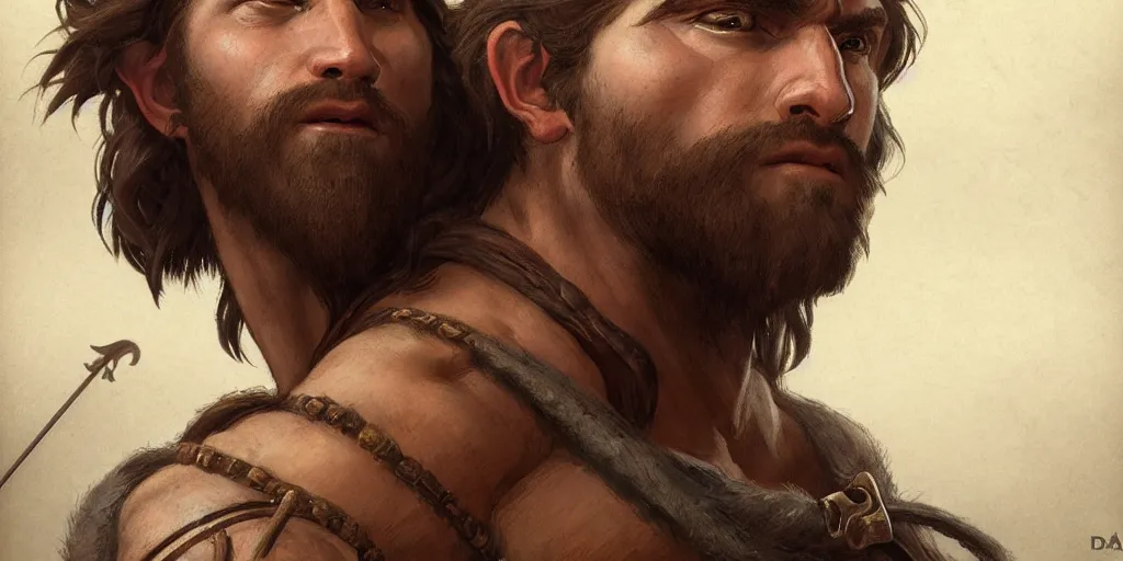 Image similar to renaissance upper body portrait of a gruff ranger with a spear, lean and toned, handsome face, hairy chest, D&D, intricate, elegant, highly detailed, digital painting, artstation, concept art, matte, sharp focus, illustration, art by da Vinci, Artgerm and Greg Rutkowski and Alphonse Mucha