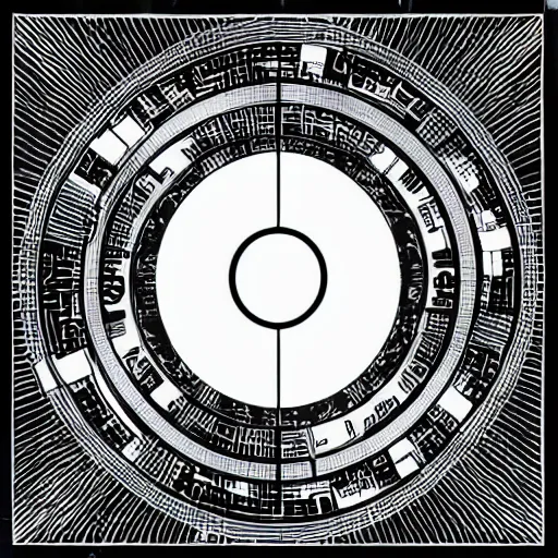 Prompt: a faint yin - yang daoist symbol superimposed on the futuristic cityscape in a utopian well - organized society, black and white multiscale