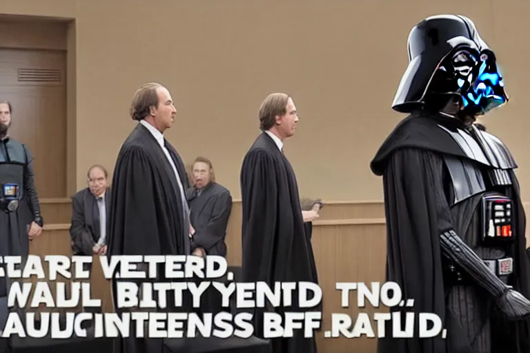 Prompt: darth vader in court being defended by saul goodman, better call saul, court images, 1 0 8 0 p, court archive images