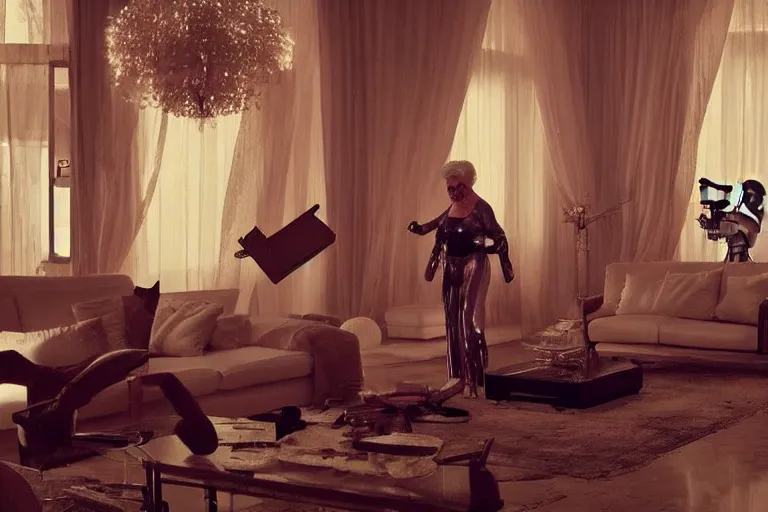 Image similar to VFX movie of old woman dancing with futuristic robot in a decadent living room by Emmanuel Lubezki