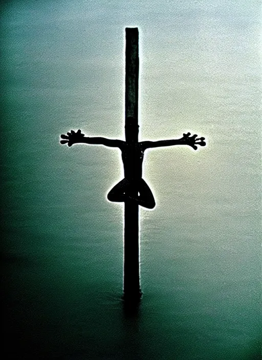 Image similar to “semitranslucent smiling frog vertically hovering over misty lake waters in crucifix pose, low angle, long cinematic shot by Andrei Tarkovsky, paranormal, eerie, mystical”