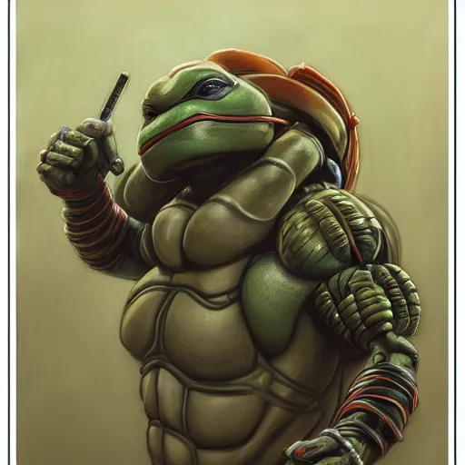 Prompt: cinematic bust portrait of beautiful female TMNT from left, head and chest only, exotic alien features, robotic enhancements, desaturated, Tim Hildebrandt, Wayne Barlowe, Bruce Pennington, donato giancola, larry elmore, oil on canvas, masterpiece, trending on artstation, featured on pixiv, cinematic composition, dramatic pose, beautiful lighting, sharp, details, hyper-detailed, HD, HDR, 4K, 8K