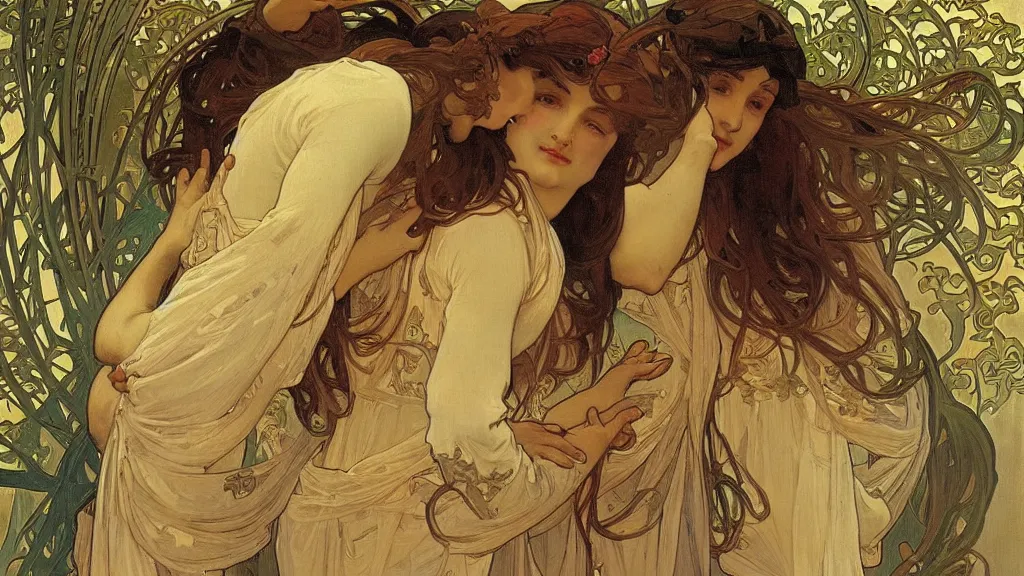 Image similar to the most beautiful scene, an expressive oil painting by alphonse mucha