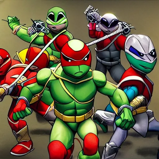Prompt: teenage mutant hero turtles and power rangers in the same environment, photorealistic