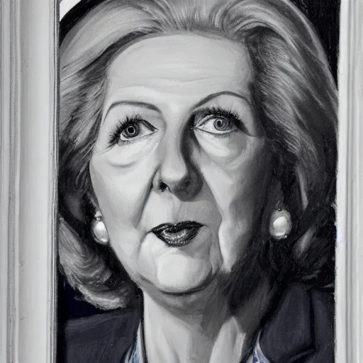 Prompt: close up of liz truss looking into a mirror and seeing margaret thatcher as her reflection, cinematographic shot, by daniel f. gerhartz