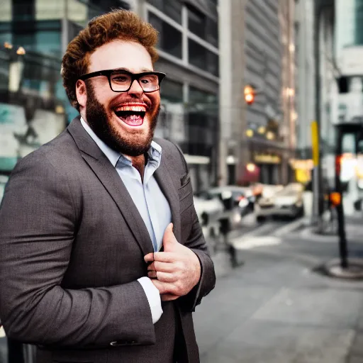 Prompt: seth rogan on a street wearing a suit, laughing, portrait, realistic, city street, detailed, depth of field, sharp focus