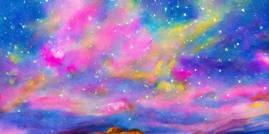 Prompt: landscape, pink, yellow, blue, hyper realism, stars, night sky,