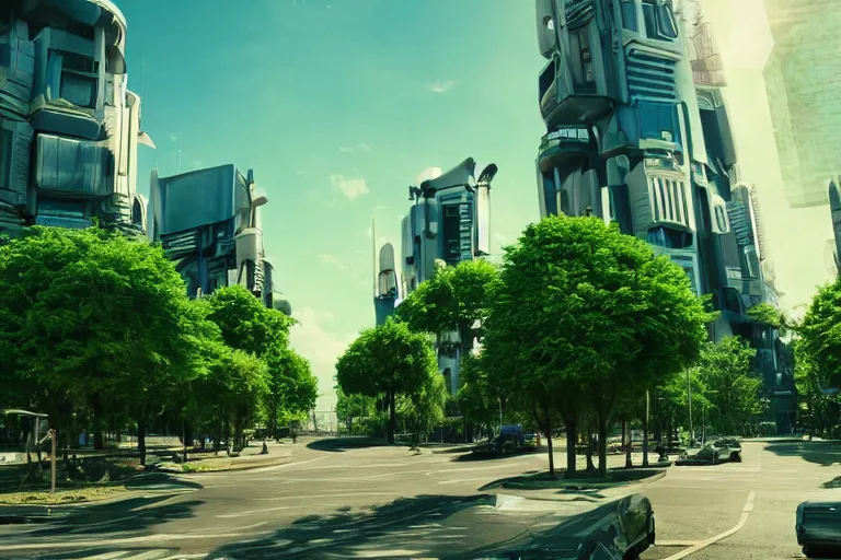 Prompt: an ultra realistic cinematic wideangle photograph of a utopian futuristic city street, green plants, blue sky, beautiful lighting, ultra realistic, movie still, futuristic utopia, ultra realistic