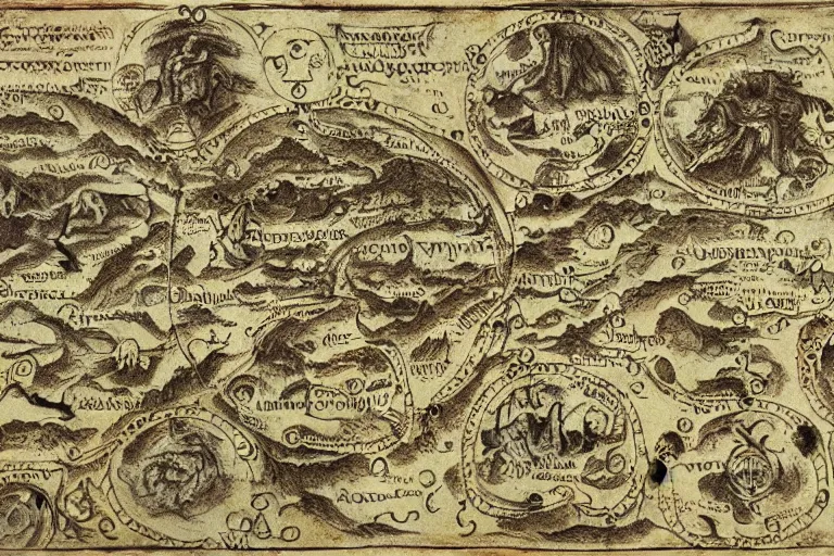 Prompt: map of the demon underworld, pangia, colored extremely detailed ancient paper by da Vinci