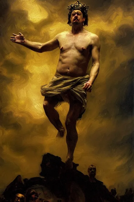 Image similar to beautiful detailed expressive impressionistic oil painting portrait of ancient roman god emperor steve buscemi levitating, ascending into the dark wearing the civic crown, renaissance painting, black background, art by anders zorn, wonderful masterpiece by greg rutkowski, expressive brush strokes, beautiful cinematic light, american romanticism by greg manchess, jessica rossier