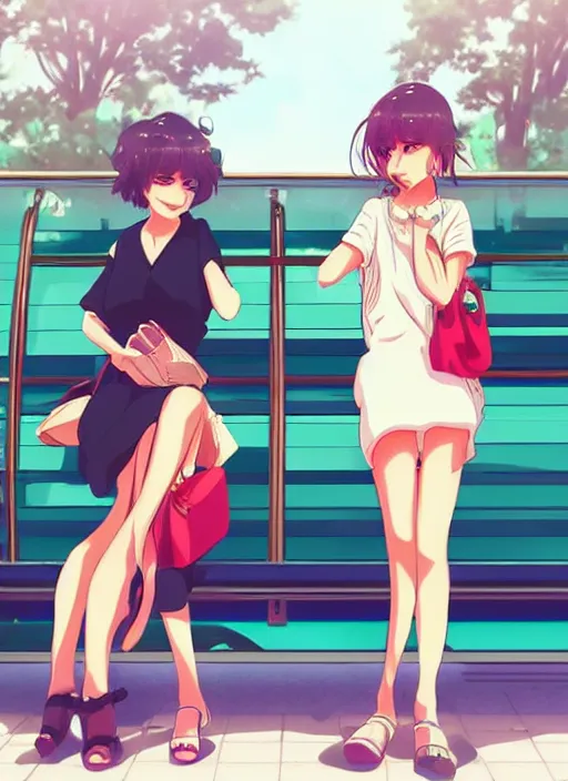 Prompt: two beautiful mothers waiting at a bus stop, summer clothes, gorgeous faces, thick lines, cinematic lighting, detailed anime art