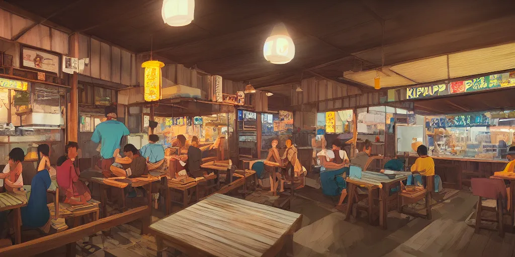 Image similar to interior of a kopitiam at pulau indah fishing village, near a jetty, early morning, hyperrealistic, detailed, low angle view, telephoto lens, bokeh, studio ghibli, artstation