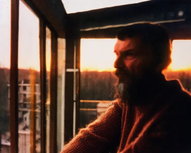 Image similar to lomographic tarkovsky film still of 4 0 years russian man with beard and sweater standing on small hrushevka 9 th floor balcony in taiga looking at sunset, perfect faces, cinestill, bokeh