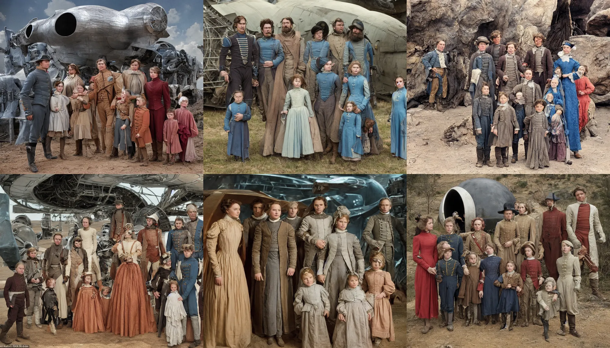 Prompt: highly detailed, 435456k film, 1612800mm film still from a sci fi blockbuster color movie made in 2019, set in 1860, of a family standing in front of a spaceship that has just landed on an alien planet, the family are all wearing 1860s era clothes, good lighting, good photography, ultra high definition