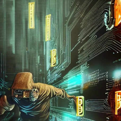 Prompt: people running away scared from bitcoin, cyberpunk art, hyper-realistic, high detail