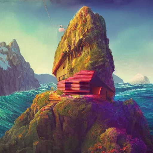 Image similar to a cozy colorful cabin carved into a mountain, view of the ocean, huge waves beneath, dramatic lighting, artstation, matte painting, raphael lacoste, simon stalenhag, frank lloyd wright, zaha hadid, drone view