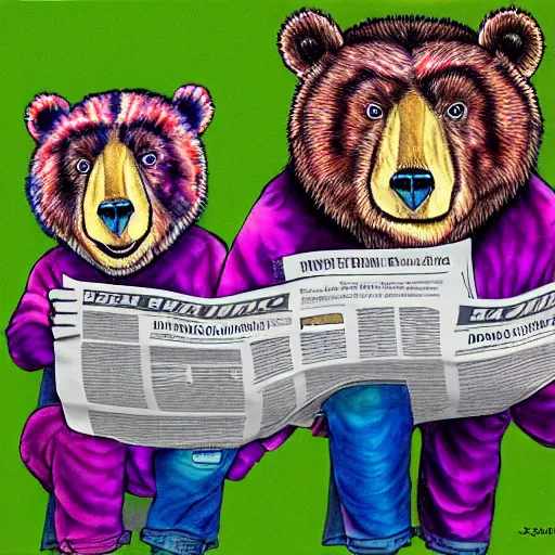 Image similar to 3 bears in tie dye shirts reading newspapers, highly detailed, portrait painting, illustration by scott gustafson